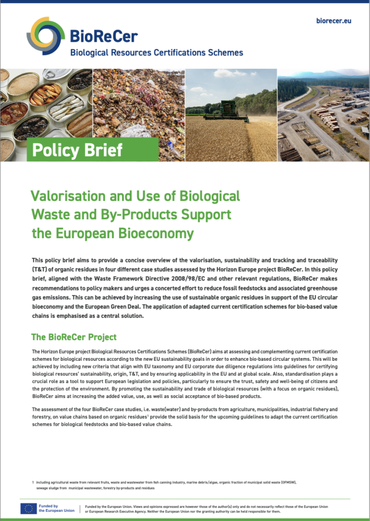 Thumbnail of the first page of the BioReCer policy brief on colorisation and use of biological waste and by-products to support the European bioeconomy.
