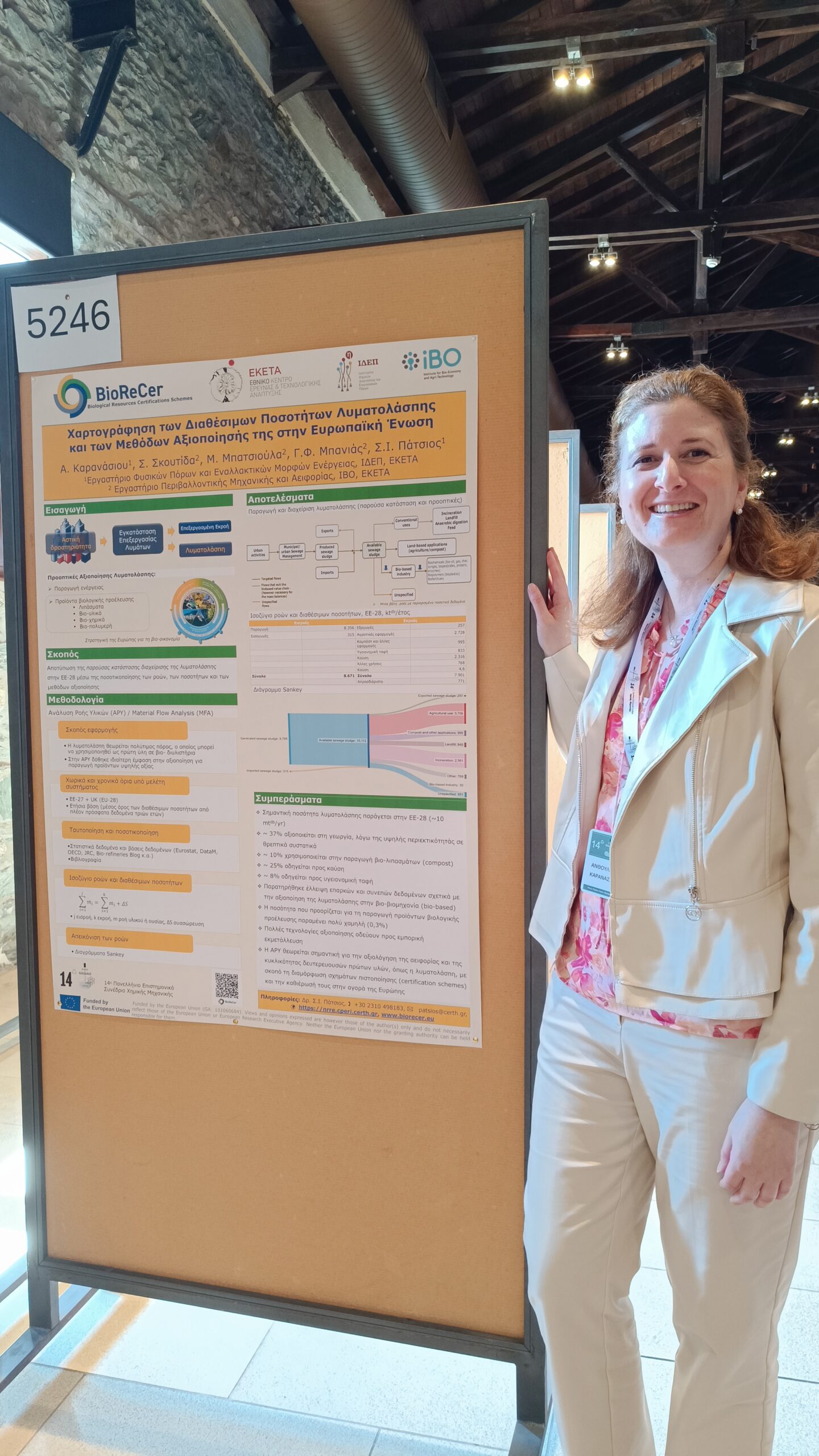 Anthoula Karanasiou from CERTH beside the BioReCer poster in a presentation hall. She wears white business outfit and an orange blouse.