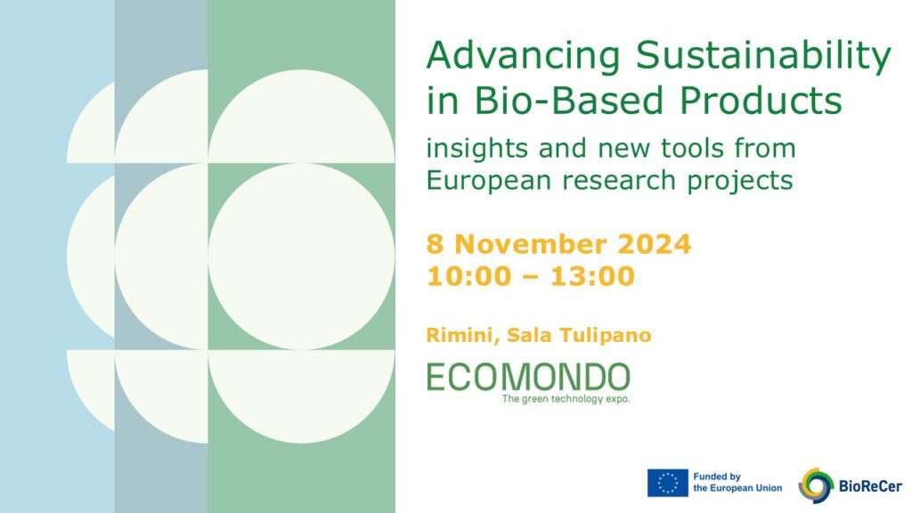 Promotion of the UNI workshop at Ecomondo indicating the title in green on the right hand side of the banner. Below is the date, time and venue written in yellow. On the left hand side of the banner is a graphical element consisting of circles, half-circles and quarter-circles in white on a light-blue, grey and light-green striped background. Added are also the logos of the EU and BioReCer on the lower right corner .